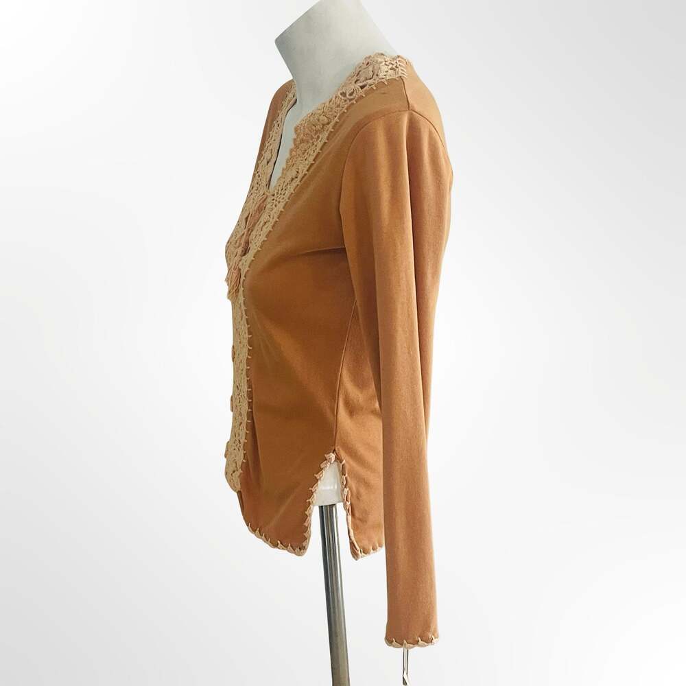 Vintage Long Sleeve Brown Knit Blouse with Crochet Lace Trim and Tassel Tie - Picture 2 of 6